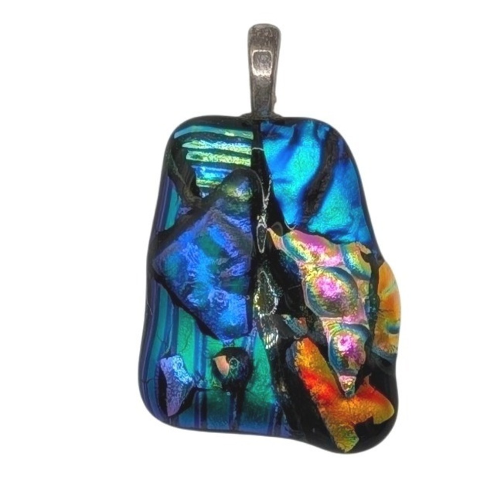 Handmade Dichroic Art Glass Pendant Iridescent Blue Green Mosaic Jewelry